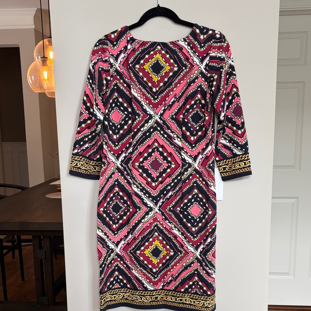 Talbots Pink and Black Geometric Long Sleeve‎ Dress - Picture 6 of 7